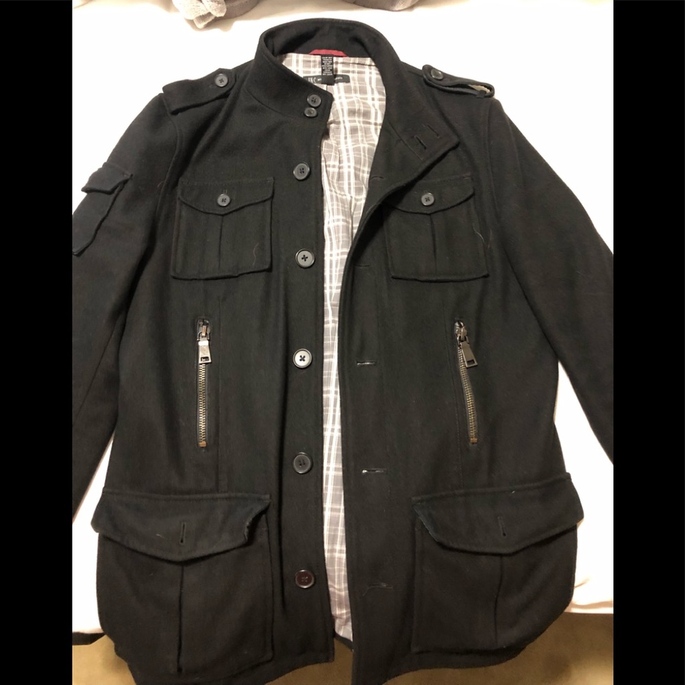 Black Pea Coat with Shoulder Straps and pockets